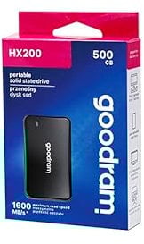goodram - SSD Externe - HX200 - USB Type C + A - Interface USB 3.2 Gen. 2 Haute Vitesse - pour PC, Ordinateurs Portables, Smartphones - 500 GB - Noir