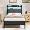 HAHRIR Single Bed Frames with 3ft Upholstered Wooden Two-shelf Storage Headboard, Charging Station,LED Lights, 90x 190cm Heavy Duty Metal Bed Frame, No Box Spring Needed, Noise Free，Grey