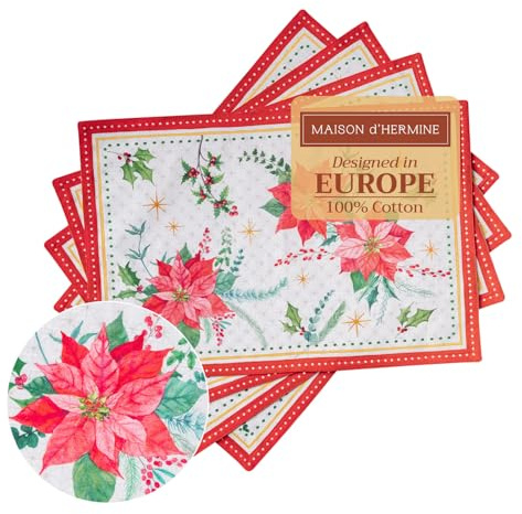 Maison d' Hermine Placemats Set of 4 Reusable 100% Cotton (33 CM x 48 CM) | Cloth Place Mats Washable Table Mats for Kitchen Dining Party Wedding Hotel Home Thanksgiving Christmas -Poinsettia Christmas