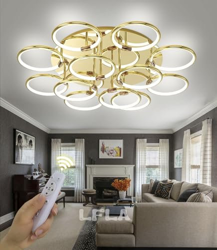 LFLA Dimmbare LED Deckenlampe Ring Wohnzimmerlampe Moderne Gold LED-Deckenleuchte mit Fernbedienung 3000K-6000K Energiesparlampe Deckenbeleuchtung für Wohnzimmer Schlafzimmer Esszimmer (12 Ring)