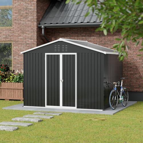 Amopatio Metal Garden Storage Shed 8x8 ft, Outdoor Tool Storage Shed 241x252x201 cm, BikeShed Waterproof with Lockable Door for Backyard, Patio, Garbage Bin, Tools, Black