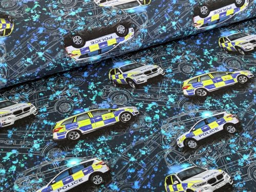 Eigenproduktion French Terry Polizei Verkehr Blau Meterware Kleiderstoff Nähen