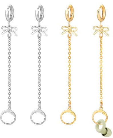 PH PandaHall 4pcs Earplug Earrings Loop Earplug Holder Earrings Noise Reducing Earring Loop Switch Earplug Earring with Bowknot Charms for Women Home Office Platinum/Golden, 3.7 Inch