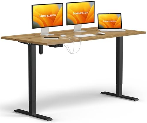 KRIEG HighDesk SMART Höhenverstellbarer Schreibtisch 140 x 80 cm I Schwarz + Eiche - Elektrischer Sitz- & Stehtisch mit Tischplatte - Stehschreibtisch Elektrisch Höhenverstellbar