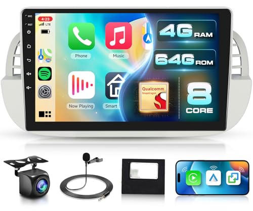 8 Core 4G+64G Android Car Stereo for Fiat 500 2007-2015 Qualcomm 5GWifi | Hodozzy 9 1280P QLED Touchscreen Car Radio with DSP Wireless Carplay Android Auto Bluetooth 5.1 GPS FM/RDS Reverse Camera