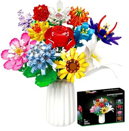 Bouquet de Fleurs Éternelles à Assembler – 12 Fleurs, Cadeau Original Femme, Idée Déco Maison, Anniversaire, Saint-Valentin, Fête des Mères, 1064 Briques de Construction (sans Vase)