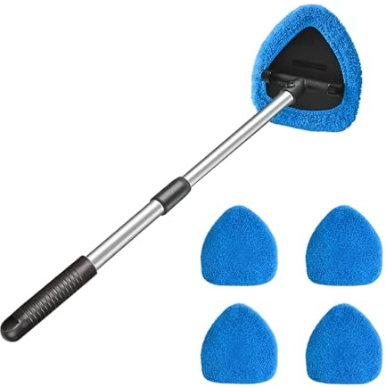 CGEAMDY Limpiaparabrisas de Coche, Limpiacristales de Coche con 4 Almohadillas de Microfibra Lavables y Reutilizables, Kit de Limpieza de limpiaparabrisas Extensible con Mango Largo (Azul)