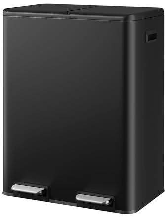 WLIVE 2 x 8 Gallon Stainless Steel Step-On Dual Trash Can, Kitchen Garbage & Recycling Bin Combo with Soft-Close Lid, Deodorizing Filter Box, and Removable Inner Buckets, Black