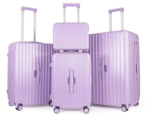 JLY 14/20/24/28 4 Piece Hard Shell Set with Vanity Case, Mauve Lilac | ABS+PC construction, TSA locks, cup holder, 360-degree spinner wheels, telescopic handles for family travel