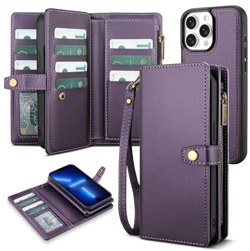 TwoHead for iPhone 13 Pro Wallet Case with Card Holder & Detachable Magnetic Phone Case, PU Leather Shockproof Protective Cover,Wrist Strap(6.1 in,Deep Purple)