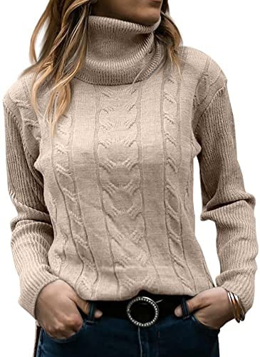 Cicy Bell Womens' Turtleneck Long Sleeve Pullover Cable Knit Sweaters Soft Jumper,Beige,L