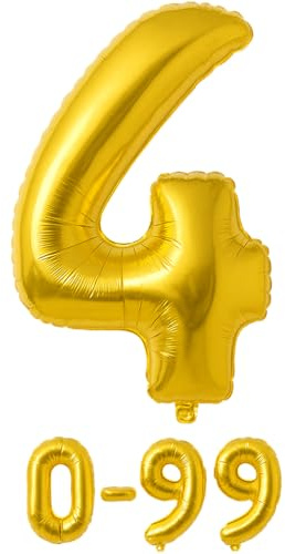 Luftballon 4 Gold | 80 cm Zahlenballon | Folienballon mit Luftröhrchen | Zahlenluftballon für Geburtstag, Jubiläum, Hochzeit, Party & Events | Helium oder Luft | Ballon Zahl | Geburtstagsdeko