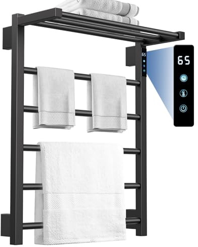 TURS Electric Heated Towel Rail for Bathroom, 620 * 500mm, Matte Black | Electric Hot Towel Warmer 5 Bars with 24hr Timer,Wall-Mounted Electric Towel Warmer, Wall Mounted Towel Radiator