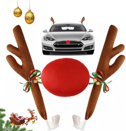 Rentier Auto Deko Weihnachten,Auto Rentier Kostüm Weihnachtsdeko mit Rote Nase, Deko Weihnachten,Verleihen Sie Ihrer Festlichen Atmosphäre