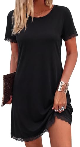Litherday Womens Nightwear Nighty for Women Elegant Lace Trim Ladies Nighties Short Sleeve Night Dress Crew Neck Nightshirts Nightgown Black XL