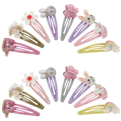 AKOOSY 16 Stück Mädchen Haarspangen aus Metall Rutschfeste Einhorn- Hasen und Schmetterlings Haarclips mit Blumenmotiv für Kindergeburtstage und Osterfeiern