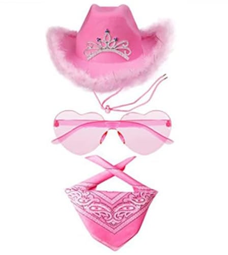 Kielsjajd Rosa Cowboyhut Damen Set 3PCS Cowboyhüte Western Filzhut mit Federtrimm Herz Brille und Bandana Accessoires Cowgirl Kostüm Pinker Cowboy Hut für Damen Cosplay Party Halloween Karneval