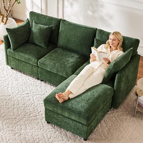 Merax Ecksofa L-Form Modulares 3-Sitzer Sofa mit umwandelbarem Fußhocker und 4 Chenille‑Kissen, Cloud Couch aus Chenille‑Stoff, ideal für Wohnzimmer, Apartment und Büro, Grün