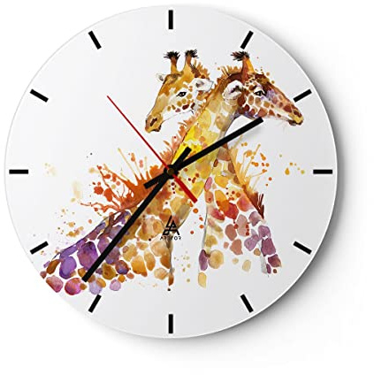 Modern Wanduhr Giraffen Tiere Kinder Safari 30x30cm Rund Klein Wand Uhr Glas Analog Zimmeruhren Küche Büro Wohnzimmer Glasuhr Wall Clock Dekoration Design Wanddekoration Küchenuhr C3AR30x30-2883