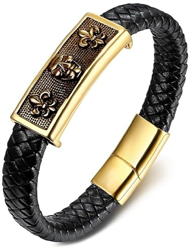 BOBIJOO Jewelry - Bracelet Vrai Cuir Noir Tête de Mort Fleur de Lys Templier Acier Or Homme 21cm