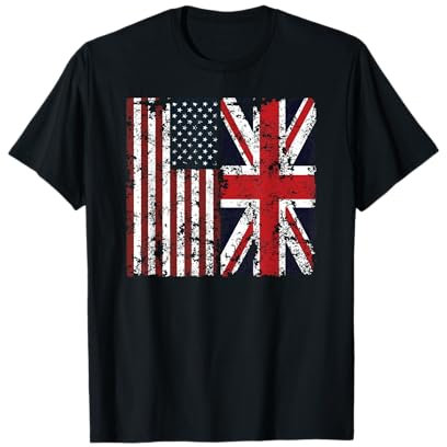 Distressed British American Flags T-Shirt Union Jack UK Tee T-Shirt