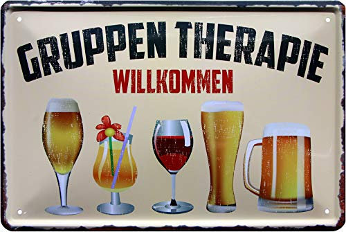 WOGEKA ART Retro Blechschild Gruppentherapie Alkoholiker Wein Bier witziger Spruch als Geschenk-Idee zum Geburtstag Weihnachten zur Dekoration 20x30 cm Vintage-Design aus Metall 1177