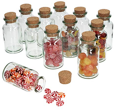 MamboCat Lot de 12 Lot de verres à bonbons + bouchon en liège - Verre rond 300 ml - Boîte réutilisable en verre - Rangement du thé, des herbes et des épices