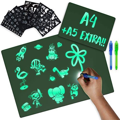 Maltafel Zaubertafel A4 und A5 6 Schablonen 2 UV Stift Spielzeug ab 3 Jahre - BONNYCO | Jungen und Mädchen Geschenke 3 4 5 6 7 8 9 Jahre | Magic Drawing Pad, Kinder Spielzeug Geburtstag, Weihnachten