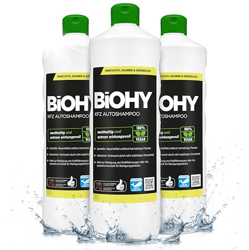 BIOHY KFZ Autoshampoo (3 x 1 Liter) | Bio Autoreiniger schützt Lack vor Schmutz von Außen | biologisch abbaubares Reinigungsmittel | für Hochdruckreiniger geeignet | kraftvolles Konzentrat