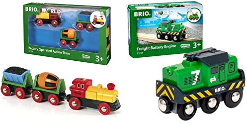 BRIO World 33319 Zug mit Batterielok - Mit beweglichem Kohlewaggon und rotierendem Zementmischer ab 3 Jahren & World 33214 Batterie-Frachtlok - Grüne Batterie-Lok ab 3 Jahren