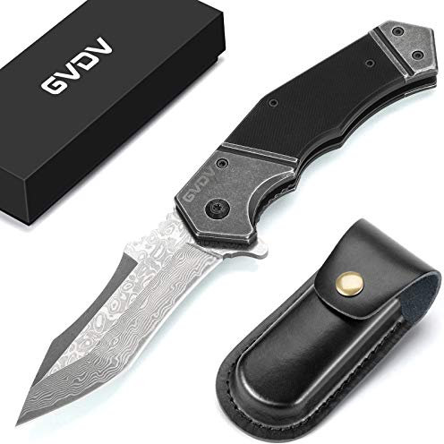 GVDV Couteau de Poche Damas avec la Poignée G10 – Couteau Pliant EDC avec Liner-lock de Sécurité, Couteau de Survie pour Camping, Chasse, Randonnée, Cadeau Fête des Pères pour Homme, Père, Mari, Amis