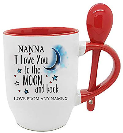 Personalised Nanna I Love You to The Moon & Back Coffee Tea Cocoa Soup Daily use Mug Valentine's Day Birthday Party gage Keepsake Unique Ceramic Cup Mug. (Red Spoon)