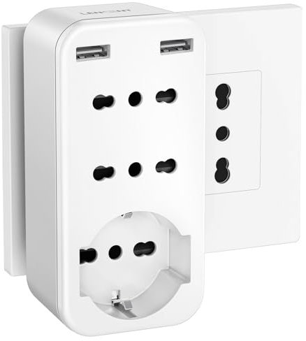 LENCENT Presa USB Salvaspazio, Multipresa Elettrica con 16A, Spina Italiana, Adattatore Multipresa da Parete con 1 Schuko & 2 Prese IT & 2 USB, 4000W Tripla Presa per Ufficio Casa Viaggio
