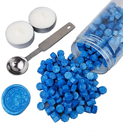 Siegelwachsperlen, AMTOL 300 Stück Wachssiegelperlen mit 2 Stück weißen Kerzen und 1 Stück Wachsschmelzlöffel, ideal für Hochzeitseinladungen, Kartenumschläge, Geschenkverpackungen(Blau)