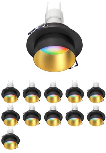 ledscom.de 12 Stück Deckeneinbaurahmen KRON, rund, schwarz/gold matt, inkl. Smart Home RGBW GU10 LED 473lm