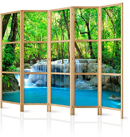 murando - Paravent Innen Raumteiler Holz Landschaft Wasserfall 225x172 cm 5-teilig Japanische Trennwand Raumtrenner Room Divider Mobiler Sichtschutz Spanische Wand Raum Abtrennung Wald c-B-10009-z-a