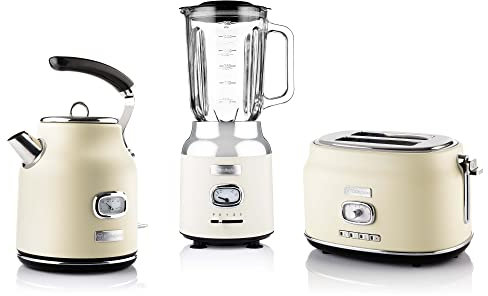 Westinghouse Retroline Set petit-déjeuner blanc, grille-pain, blender et bouilloire, 1,7 l et filtre anti-calcaire, grille-pain à deux fentes avec grille à viennoiseries, blender avec 3 vitesses
