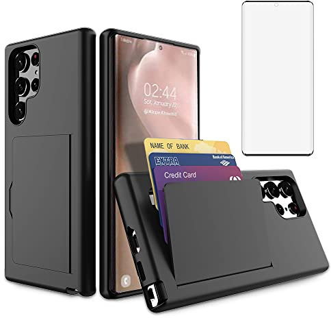 Asuwish Phone Case for Samsung Galaxy S23 Ultra 5G with Tempered Glass Screen Protector Cover and Credit Card Holder Stand Slim Hybrid Cell Accessories S23ultra 23S S 23 S23ultra5g Women Men Black
