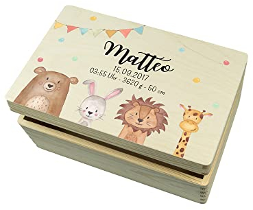 wunderwunsch - Personalisierte Erinnerungsbox Baby mit Hochwertigem UV-Farbdruck (Tiere unten, M-Klappdeckel)