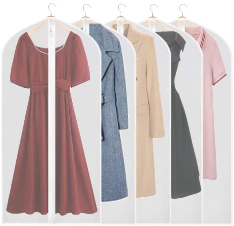 Garment Bags - Clothes Covers 5 Pcs Dustproof Suit Bag Covers, Waterproof Moth Proof Coat Bag with Zip, Translucent Dress Cover Anti-Mite Breathable Protector for Wardrobe Storage and Travel 60x120cm