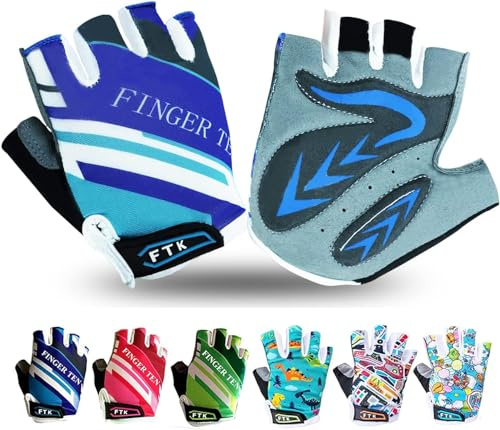 FINGER TEN Kids Cycling Gloves Half Finger Gel Padded (Navy, Medium)