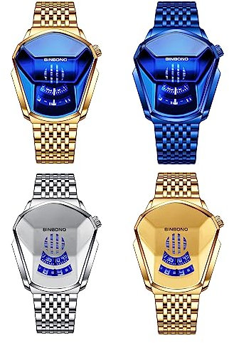 JewelryWe Herrenuhr Edelstahl Uhren Herren - 4pcs Analog Quarz Armbanduhr mit Edelstahl Armband 30 wasserdichte Kein Zeiger Konzeptuhr Motorrad Uhr für Männer Junge, 4 Farben Set
