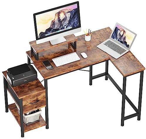 Dripex Schreibtisch L-Form mit Regal Stauraum Arbeitstisch Eckschreibtisch Bürotisch L-förmiger Computertisch mit Schublade und Monitorständer für Büro und Zuhause, Braun (130x80 cm)