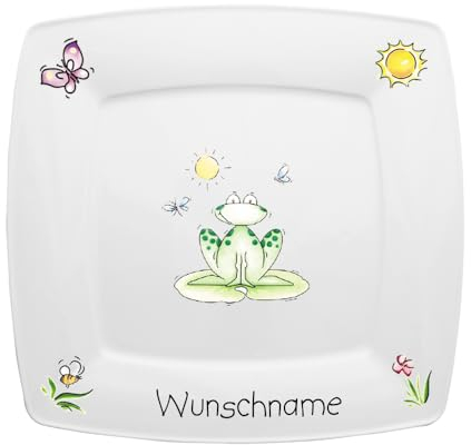 Doriantrade Frühstücksteller eckig Kinderteller Teller Porzellan Frosch personalisierbar mit Wunschname Name Kindergeschirr mit Namen personalisiert