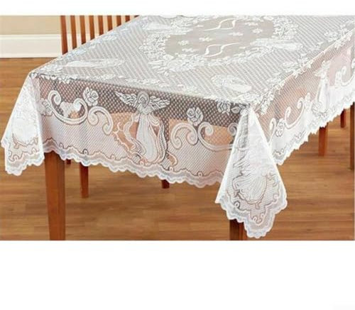 Zoegneer Weißer Engel Spitze Tischdecke, Engel Tischdecke Weiß Beige Spitze Tischdecke für Esstische (Rechteck: 152 x 213 cm)