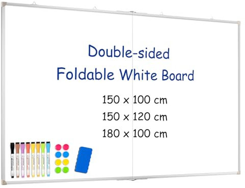 QUEENLINK Große, weiße, faltbare magnetische doppelseitige trocken abwischbare Tafel, 150 × 120 cm, Aluminiumrahmen, hängendes Whiteboard für Schule, Büro, Klassenzimmer mit Radiergummi, Markern