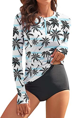 WOWENY Damen Schwimmshirt Langarm 1/4 Zip badeshirt Rashguard Sonnenschutz Swimsuits Bademode surf Shirt Strand Swimming Vest,PD,XXL