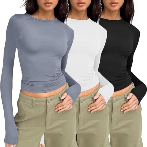 3er Pack Basic Langarmshirt Damen Set Crop Top Y2k Shirt Langarm Tshirt Sport Eng Oberteile Streetwear Long Sleeve Rundhals Slim Fit Clothes Kleidung Klamotten Teenager Mädchen B01- Dunkelgrau XS