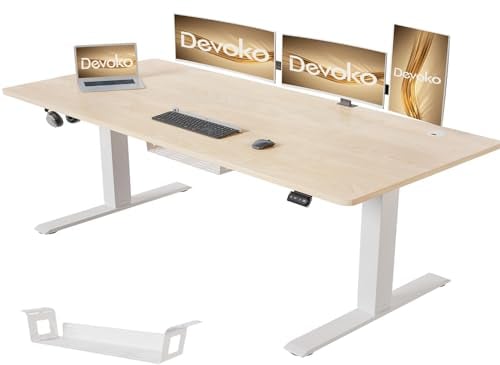 Devoko Höhenverstellbarer Schreibtisch 180 x 80 cm mit Kabelwanne, Elektrisch Höhenverstellbarer Stabiler Stehpult, Computertisch 2-Funktions-Memory, Ergonomischer Steh-Sitz Tisch (Ahorn)