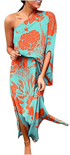 YAOJIWANG Robe Femme Soiree Ladies Summer Sexy One Shoulder Slit Hem Printed Dresses Le Noir Bleu Bleu Clair Violet Orange Taille S-2Xl Convient Pour Les Vacances, La Maison Et Les Fêtes